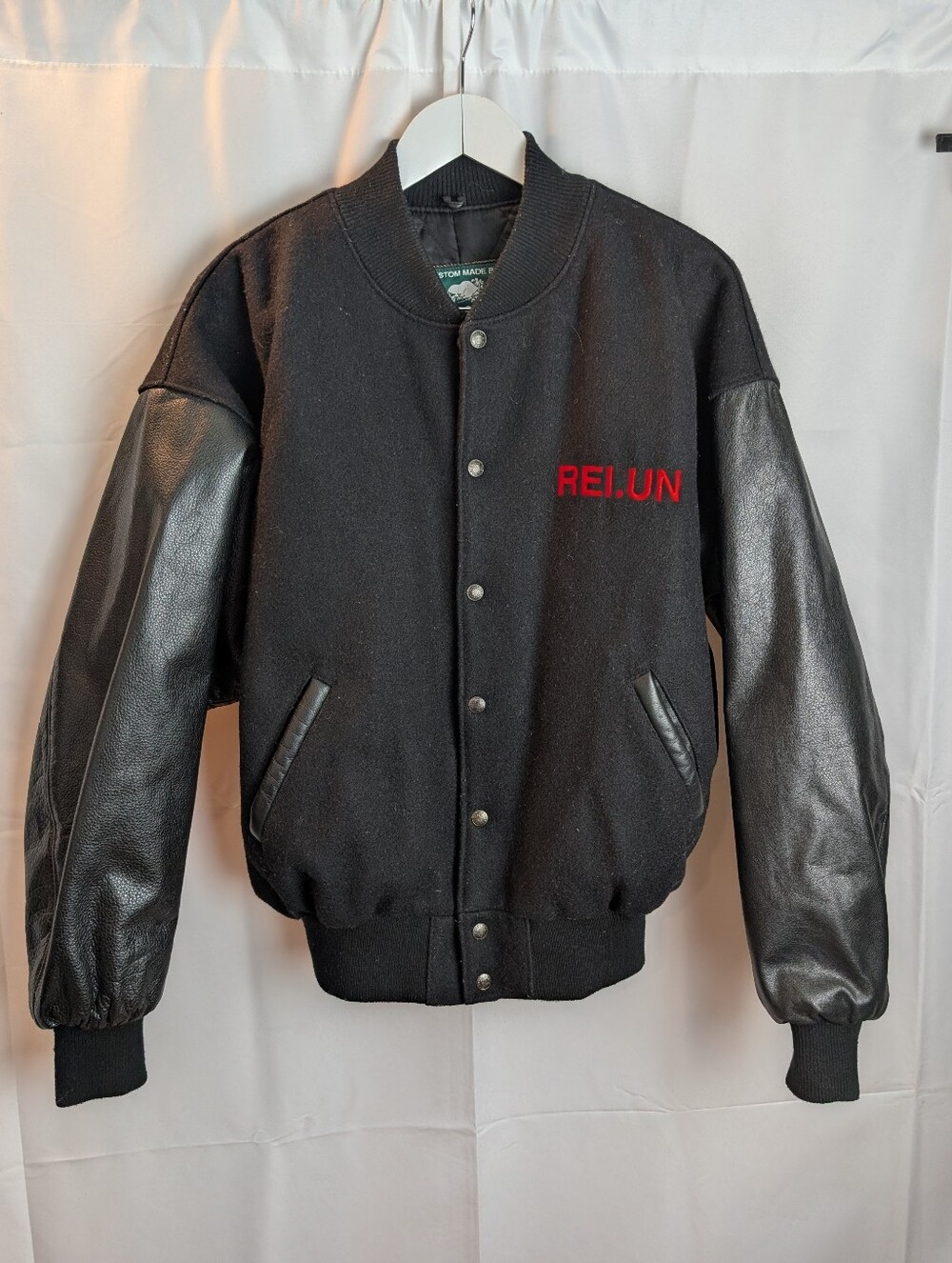 Vintage Roots Varsity Bomber Jacket Men's Size L Black Wool Genuine Leather 90s